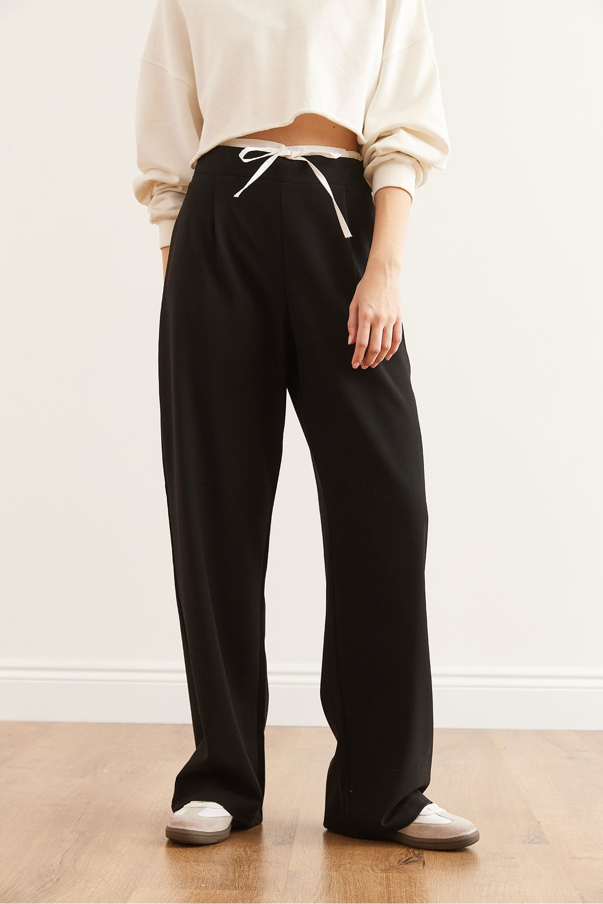 Olalook-Women's Black Boxer Detailed Drawstring Palazzo Pants Pnt- 19000315 7