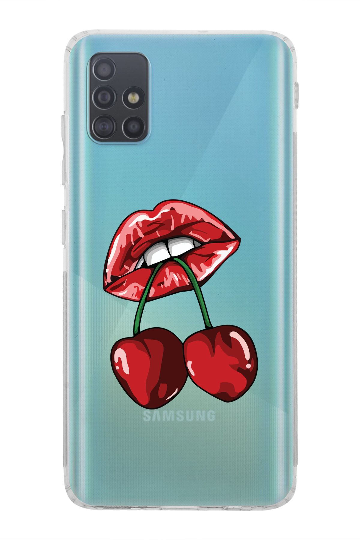 moonset Samsung Galaxy A51 Uyumlu Dudak ve Kiraz Tasarımlı Baskılı Şeffaf Telefon Kılıfı