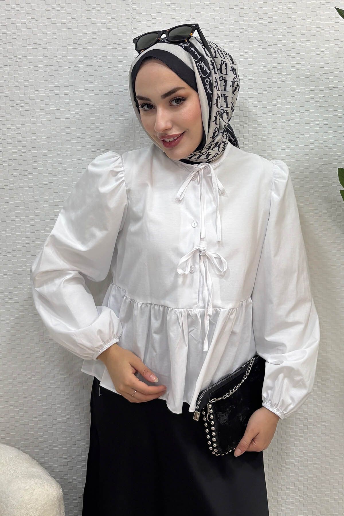 Tesettür Diyarı Kadın Fırfırlı Bağcıklı Tesettür Gömlek