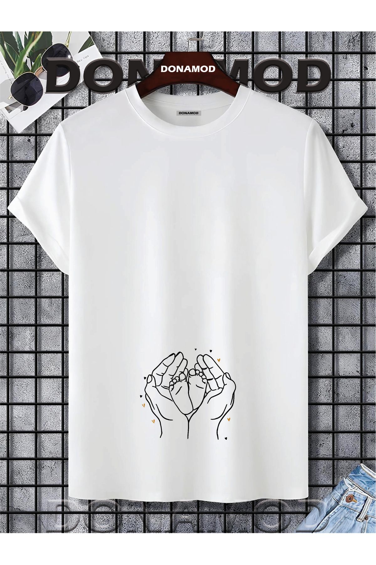 donamod Siyah Beyaz Unisex Kısa Kollu Oversize Geniş Kalıp Hamile Bebek Anne Hediye Tasarımlı Tişört T shirt