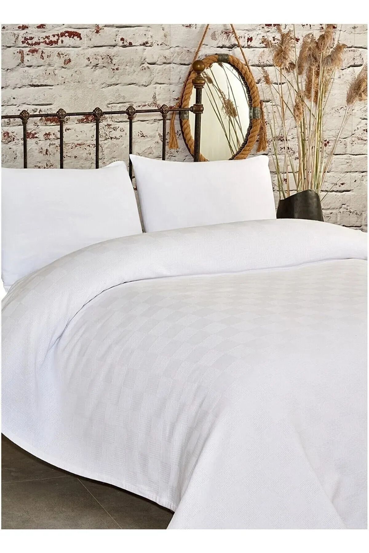 nesayis Çift Kişilik Beyaz Dama Desenli Pike. Damalı Otel Pikesi 200 X 230
