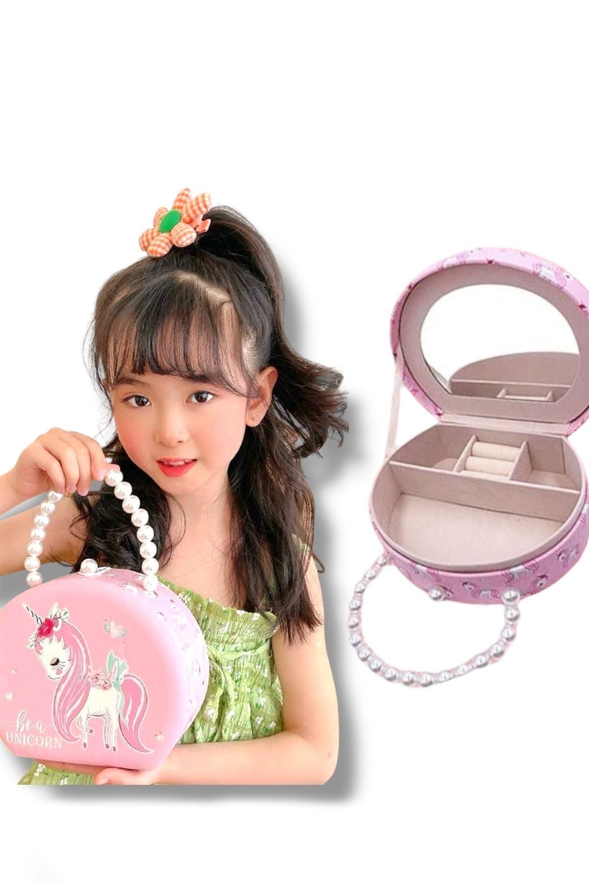 TAKIŞTIR Pembe Renk Unicorn Figürlü İnci Detaylı Çanta Detaylı Takı Kutusu/Organizer