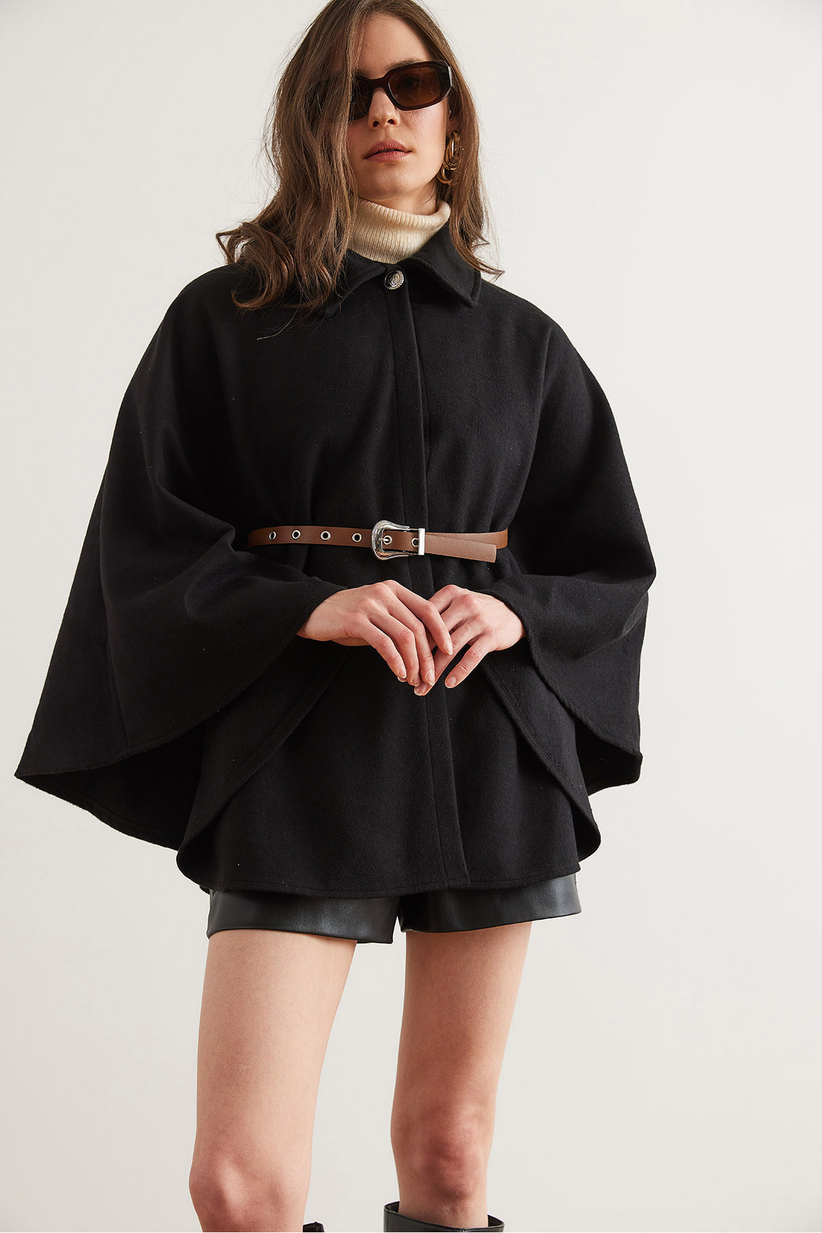 Olalook-Schwarzer Damen-Poncho-Cardigan aus Kaschmir mit Gürtel HRK- 19000339 6