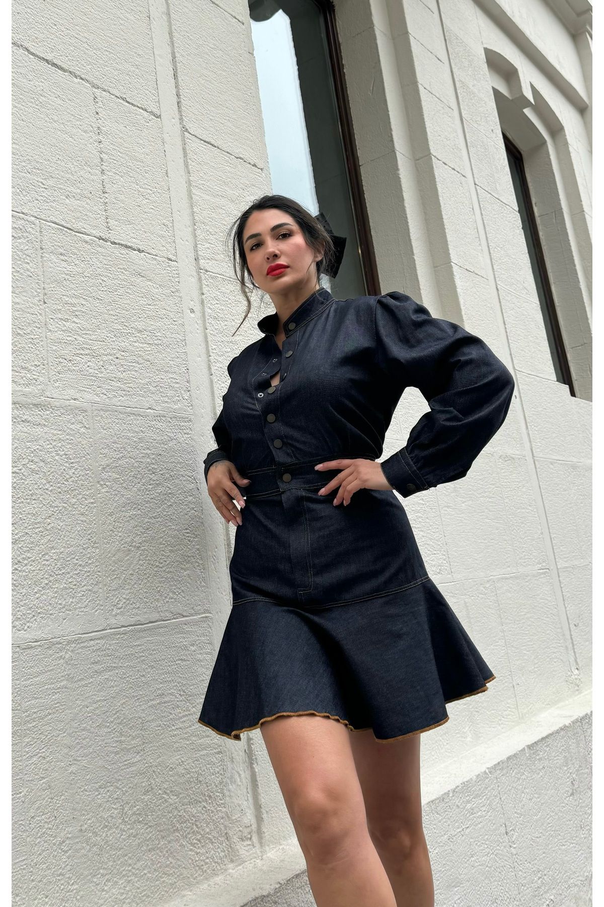 Butik Denim uzun kollu mini elbise
