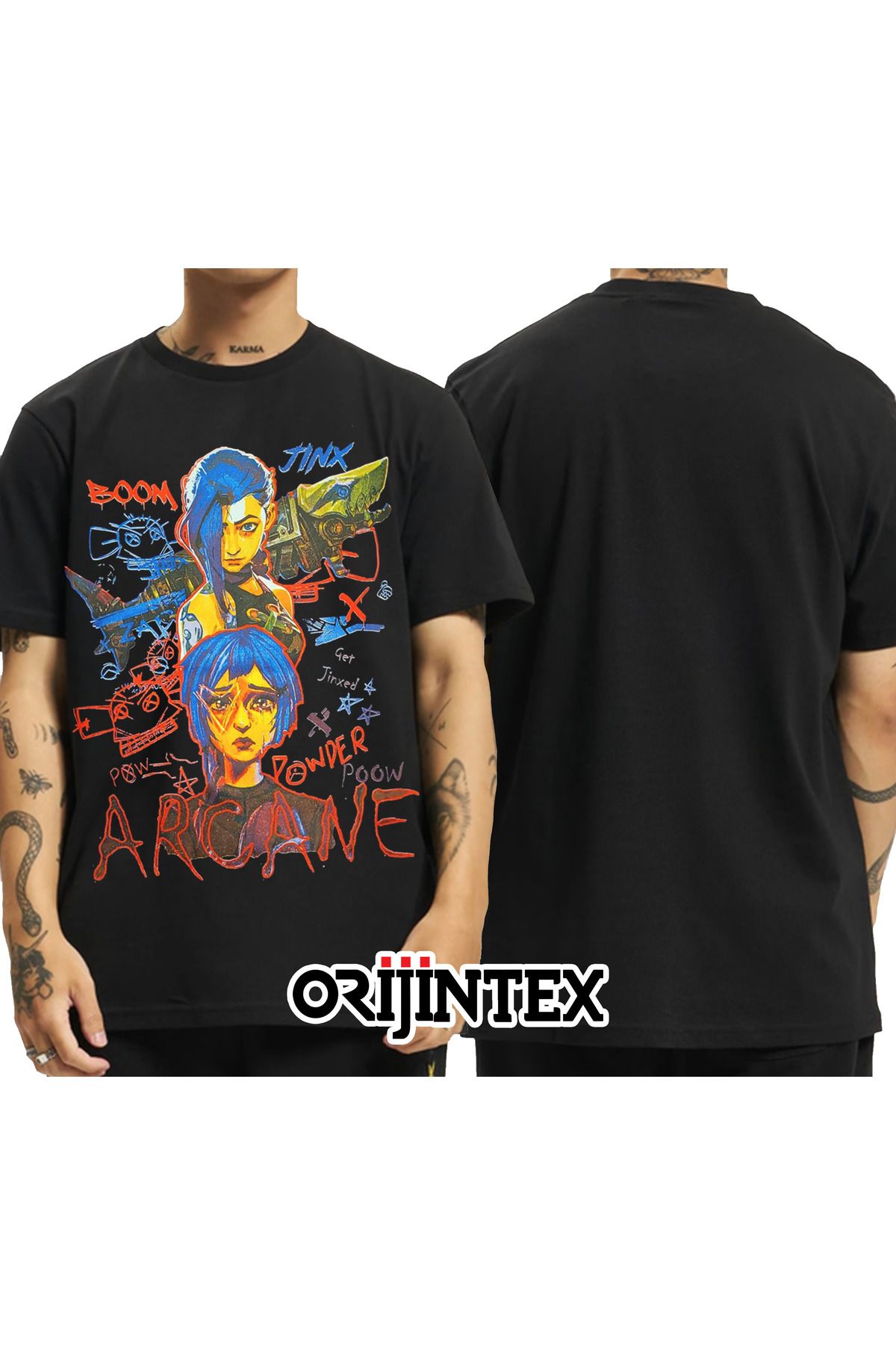 orijintex League of Legends Arcane Jinx Powder Baskılı Unisex Siyah Tshirt