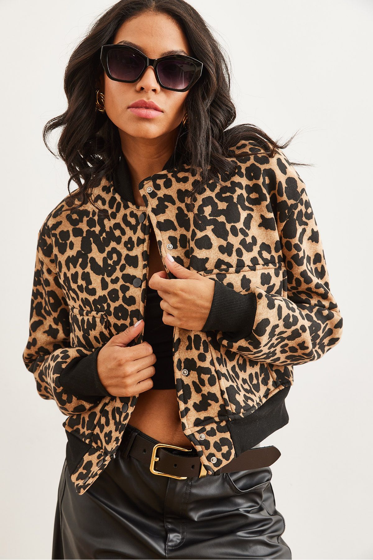 Olalook-Leopard Print Camel Crop Jacket - Pockets and Fleece, Snap Closure Ckt- 19000365 5