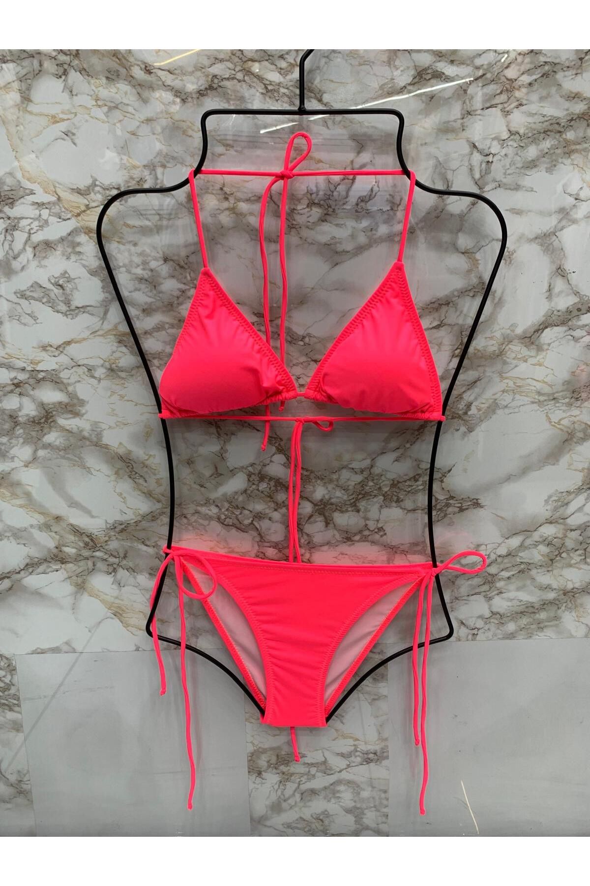 XORVİO Kadın Yeni Sezon Likralı Esnek Yandan Ve Boyundan Bağlamalı Şık İpli Üçgen Pembe Renk Bikini Takım