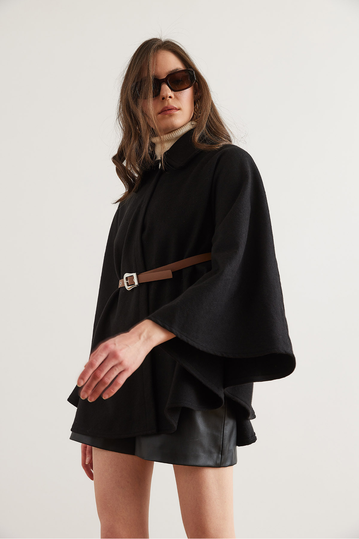 Olalook-Schwarzer Damen-Poncho-Cardigan aus Kaschmir mit Gürtel HRK- 19000339 8