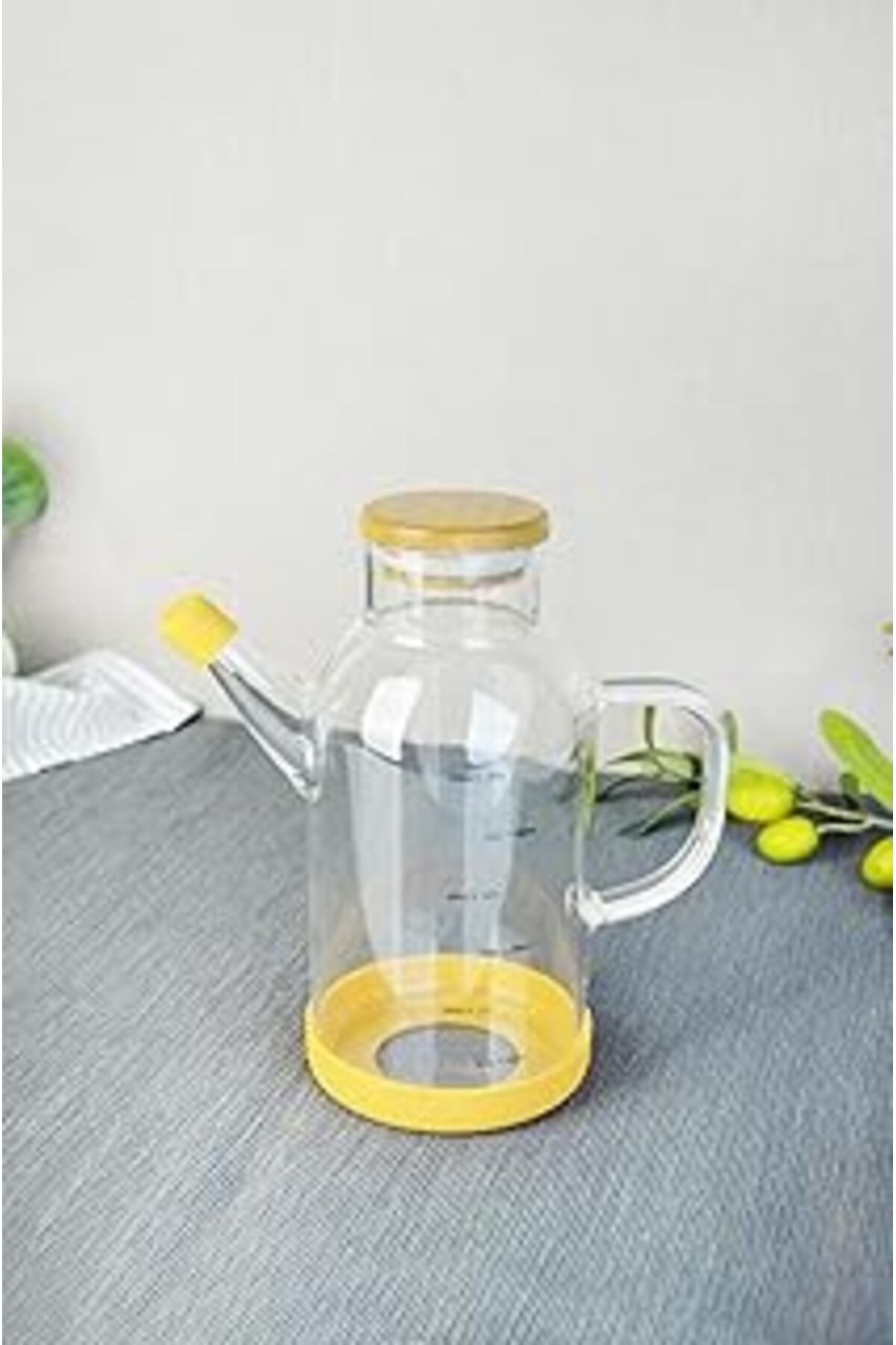 NZM TİCARET Paçi 600 Ml Bambu Kapaklı Borosilikat Cam Yağlık