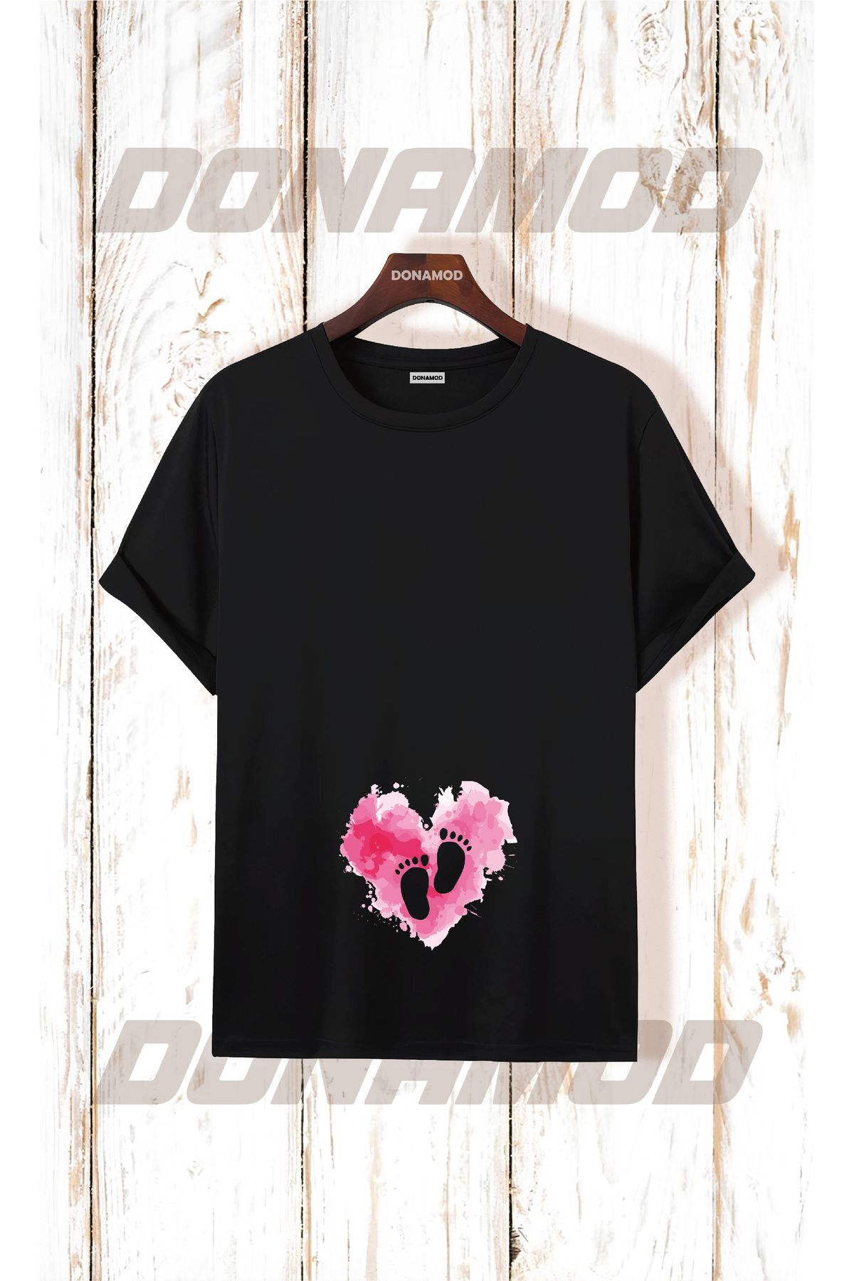 donamod Siyah Beyaz Unisex Kısa Kollu Oversize Geniş Kalıp Hamile Bebek Anne Hediye Tasarımlı Tişört T shirt