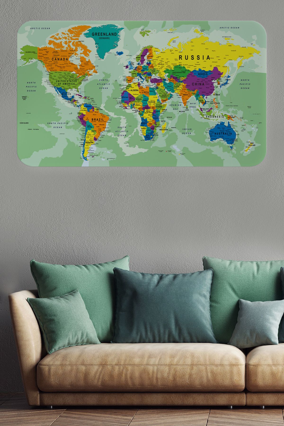 Haye Collection Eğitici Ülke ve Başkent Okyanus Detaylı Atlası Dünya Haritası Duvar Sticker -60x105-3835