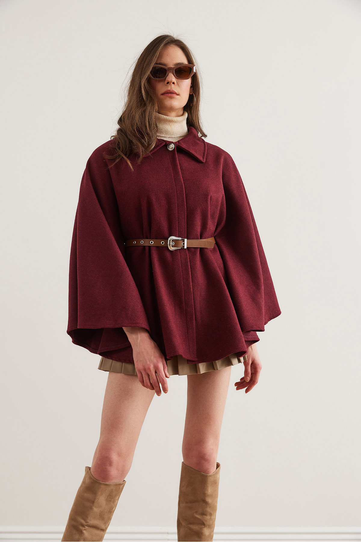 Olalook-Burgunderfarbene Damen-Poncho-Strickjacke mit Gürtel HRK- 19000339 8