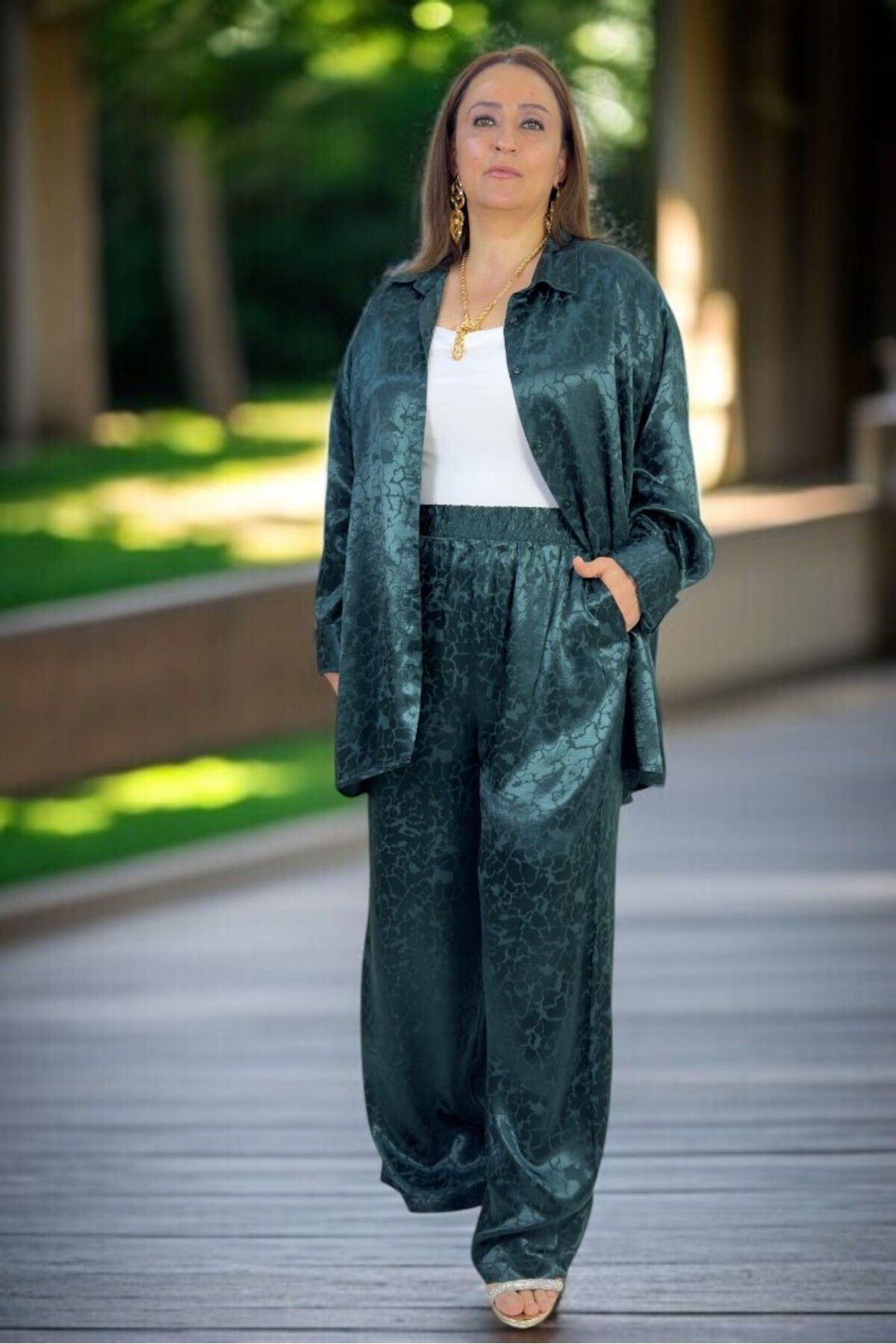 yagmurberen-Jacquard Satin Fabric Front Button Long Sleeve Shirt Waist Elastic Pants Large Size Double Suit 7