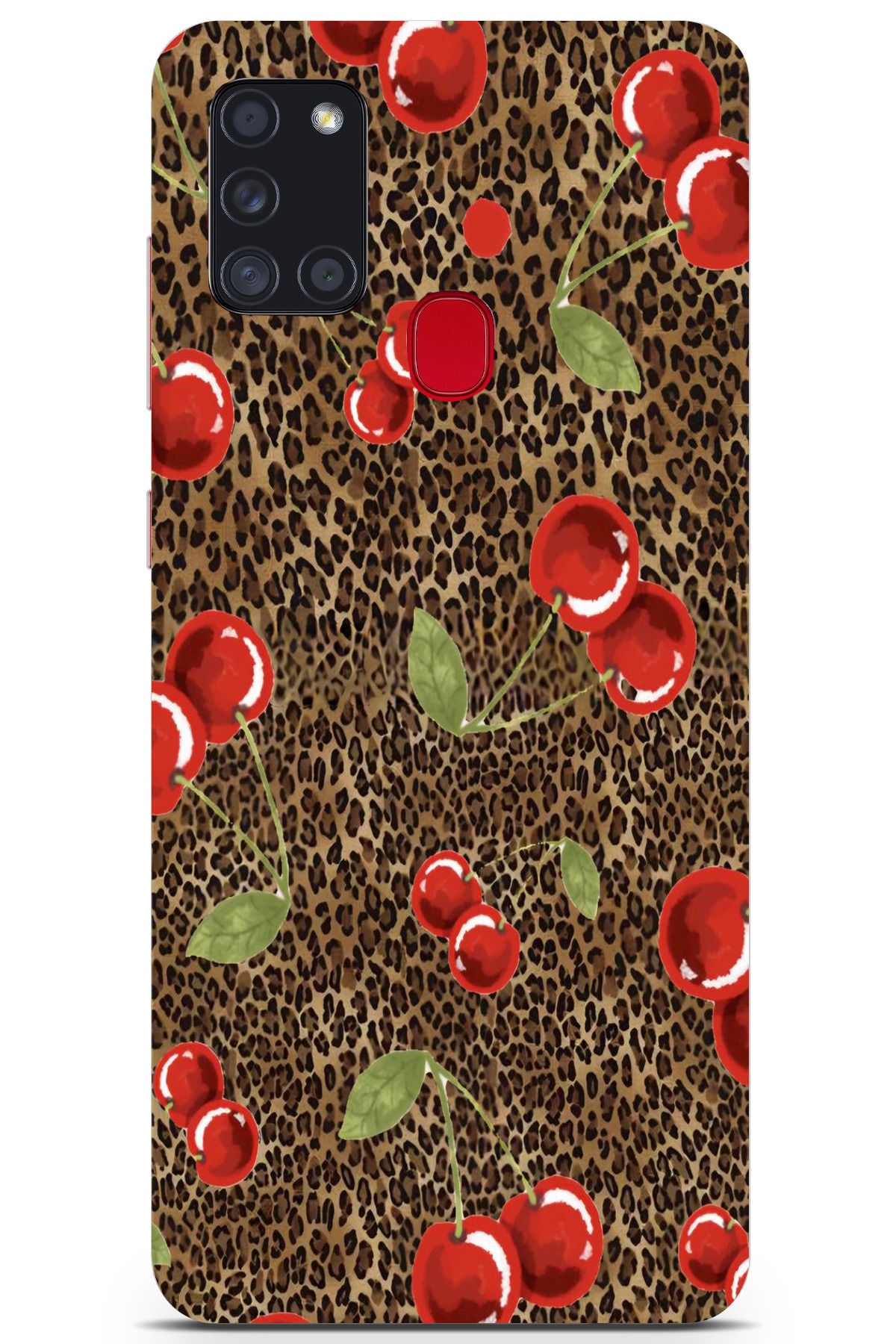 moonset Samsung Galaxy A21S Uyumlu Leopar ve Kiraz Tasarımlı Baskılı Şeffaf Telefon Kılıfı