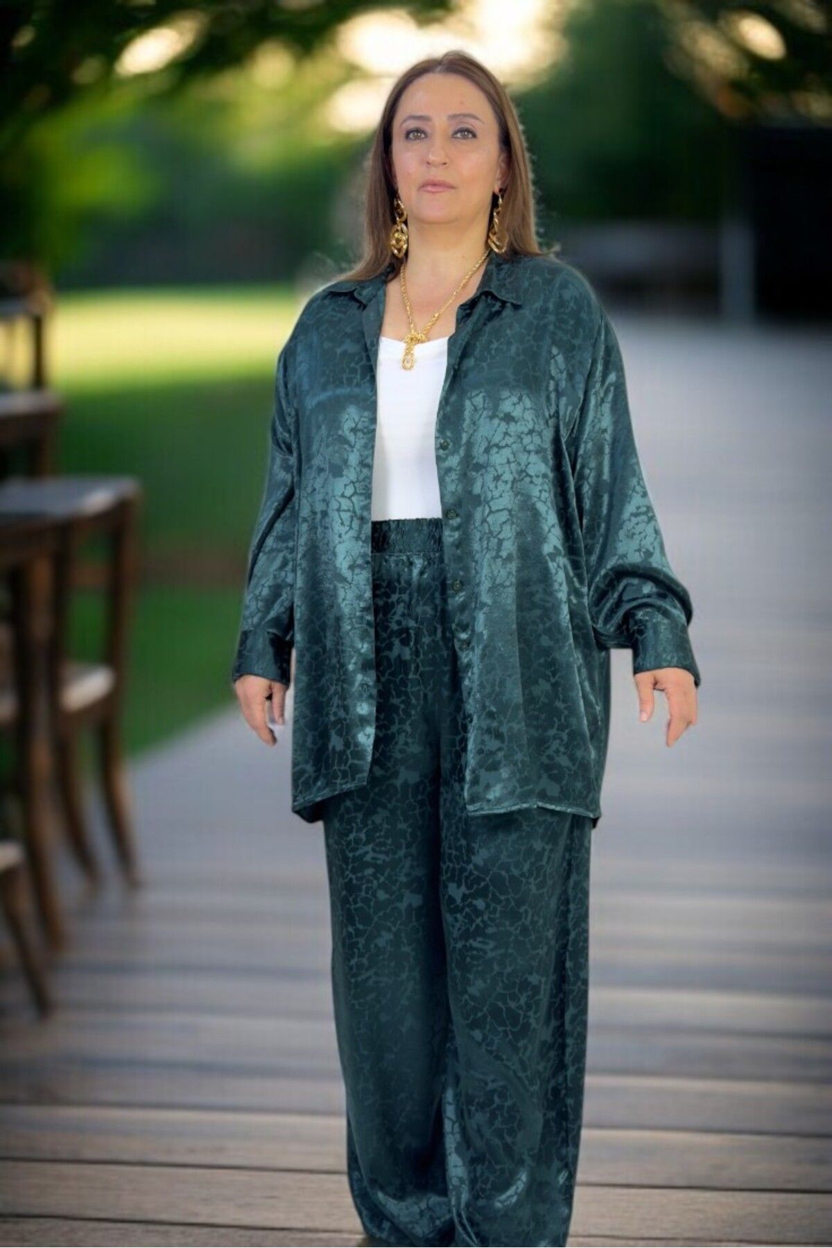 yagmurberen-Jacquard Satin Fabric Front Button Long Sleeve Shirt Waist Elastic Pants Large Size Double Suit 1