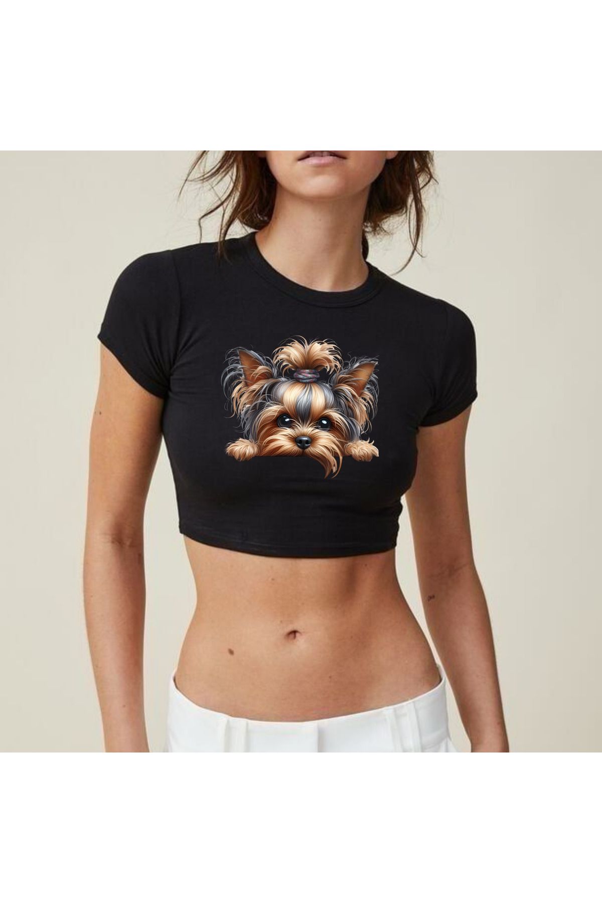 JadenJoy Kenardan Bakan Tatlı Köpecik Desenli Beyaz Crop