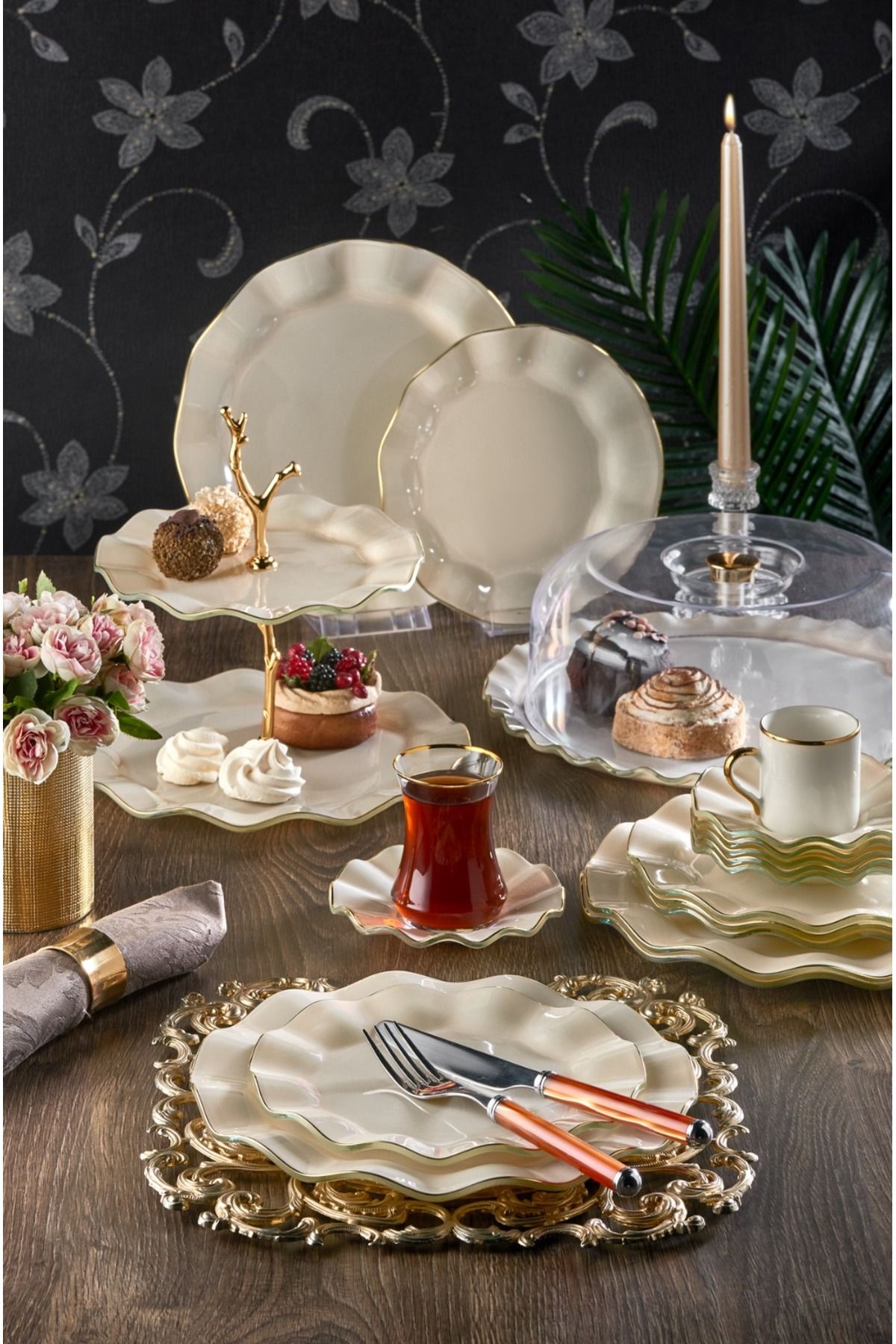 G&G Glass and Glass Krem Surf Gold 6 Kişilik 34 Parça Çay Vakti İkram Takımı