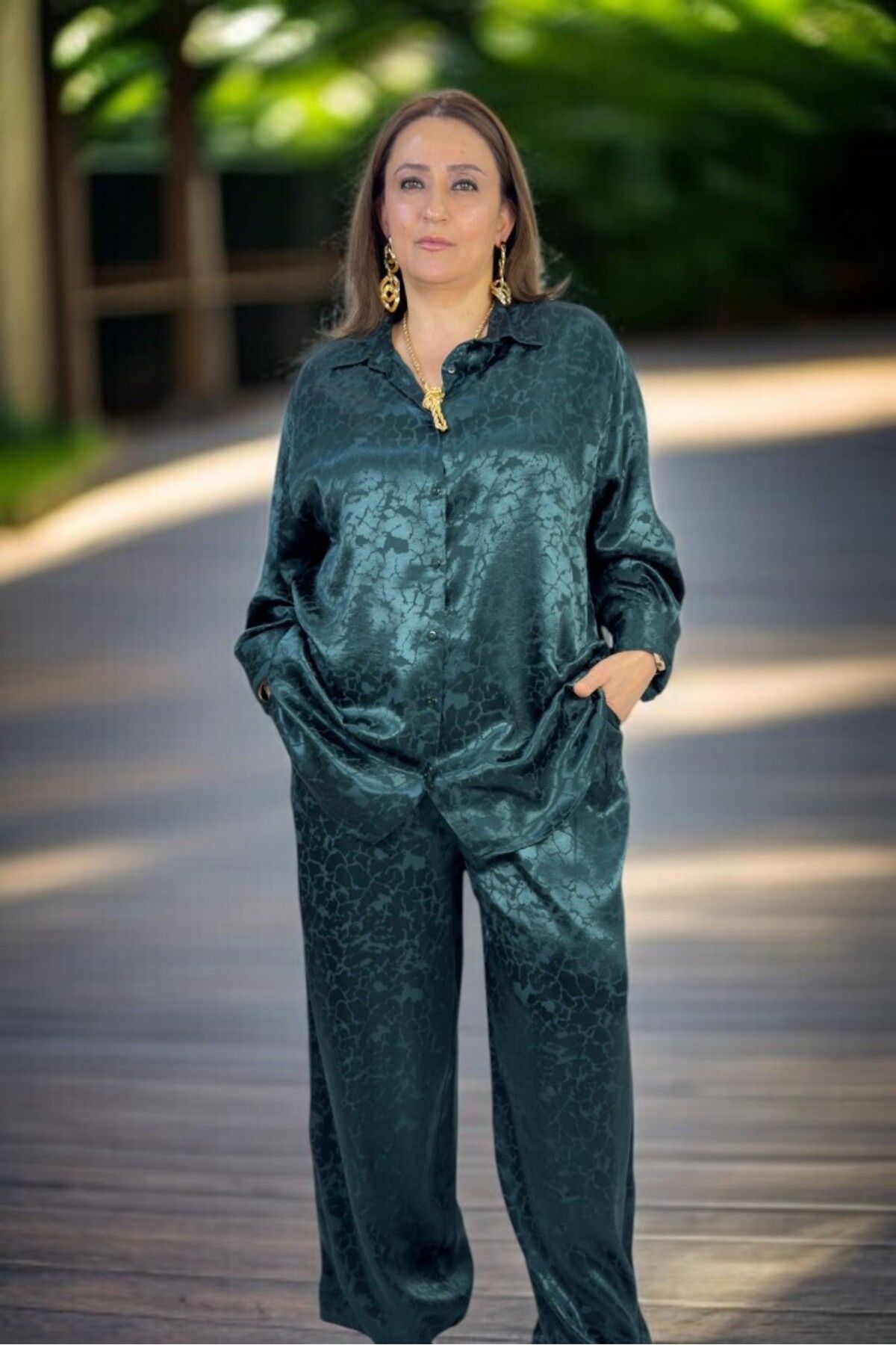 yagmurberen-Jacquard Satin Fabric Front Button Long Sleeve Shirt Waist Elastic Pants Large Size Double Suit 2