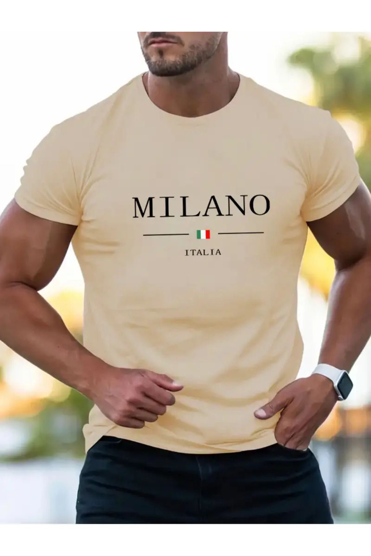 NEW TRENDY COLLECTİON Milano Harf Baskılı Erkeklerin Yuvarlak Yakalı Kısa Kollu Tişört
