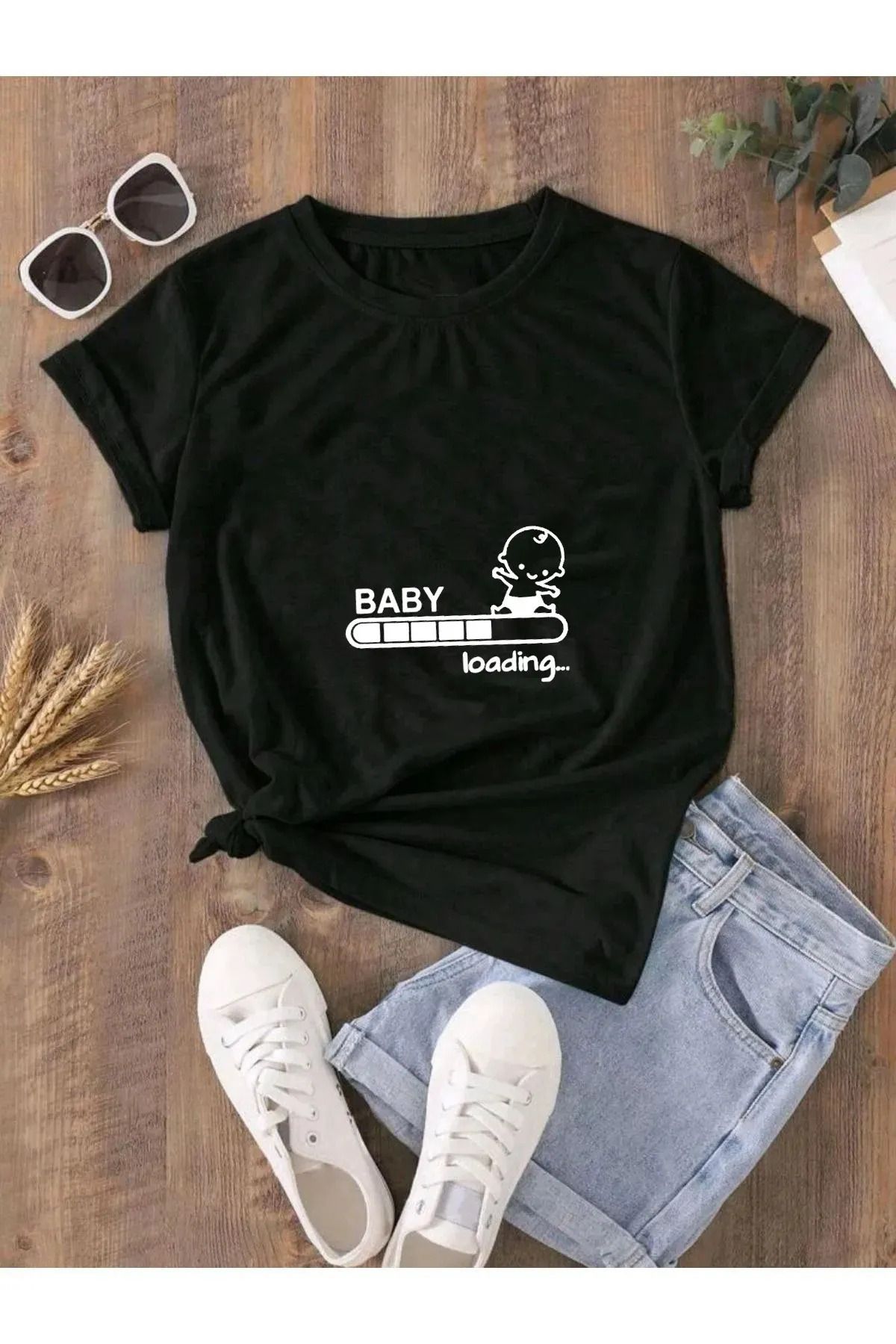 FeaR LeeS Oversize Hamile T-shirt Baby Loading Baskılı Kahverengi