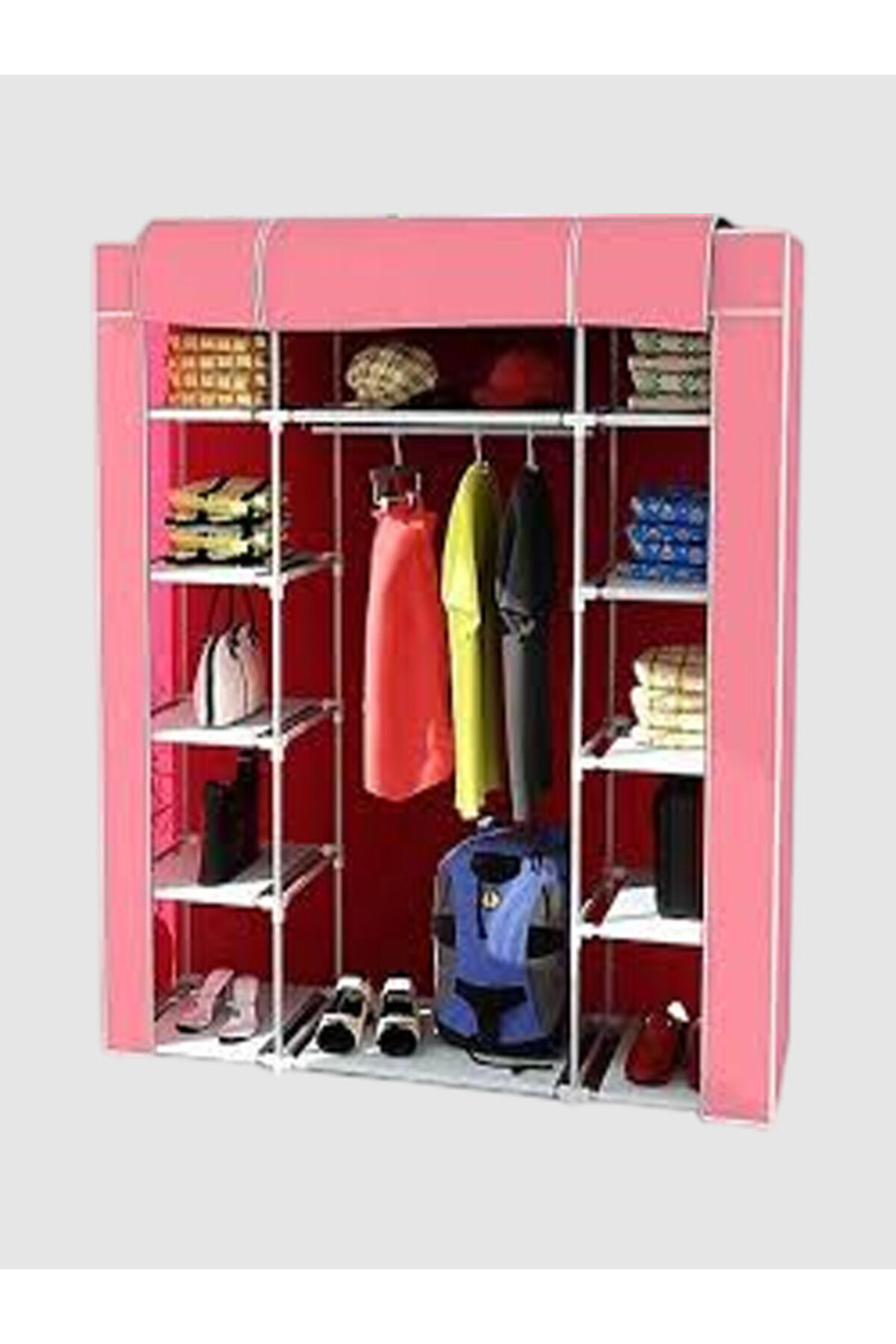 DZGN HOME Çift Yandan Raflı Askılı Metal Profilli Kumaş Bez Dolap, Geniş Portatif Gardırop - Pembe