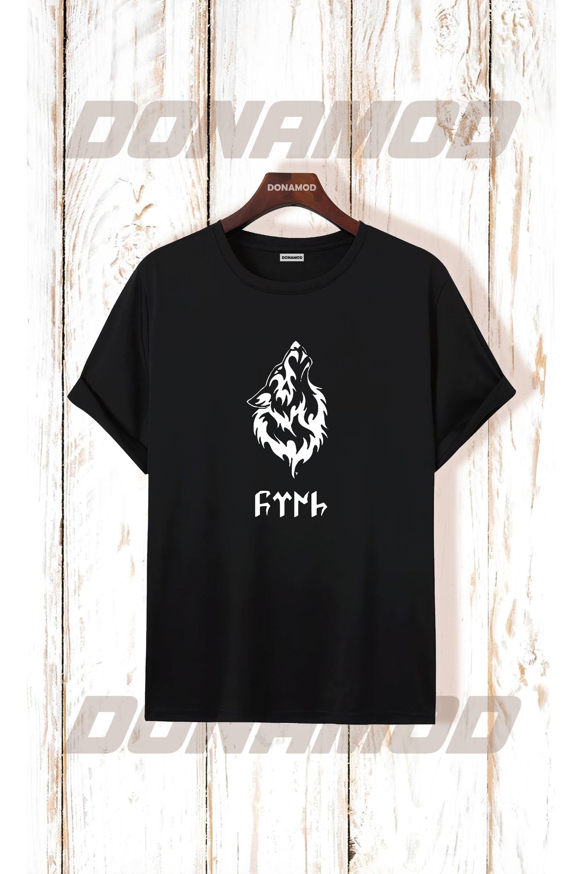 donamod Siyah Beyaz Türk Göktürkçe Alfabe Eski Türkçe Kurt Osmanlı Kökbörü Bozkurt Atatürk Tişört T shirt