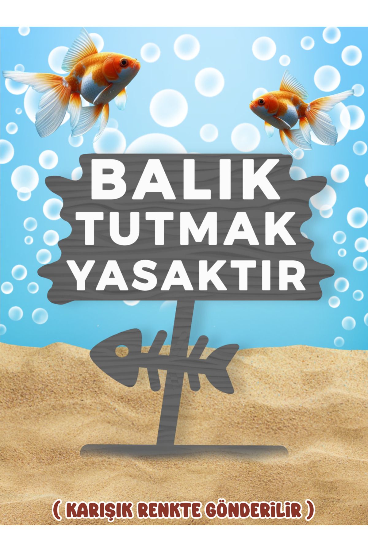 MDİZMİR Balık Tutmak Yasaktır Dekoru ( Gri - Renk ) Fanus , Küçük Akvaryum Ve Büyük Akvaryum Uygun