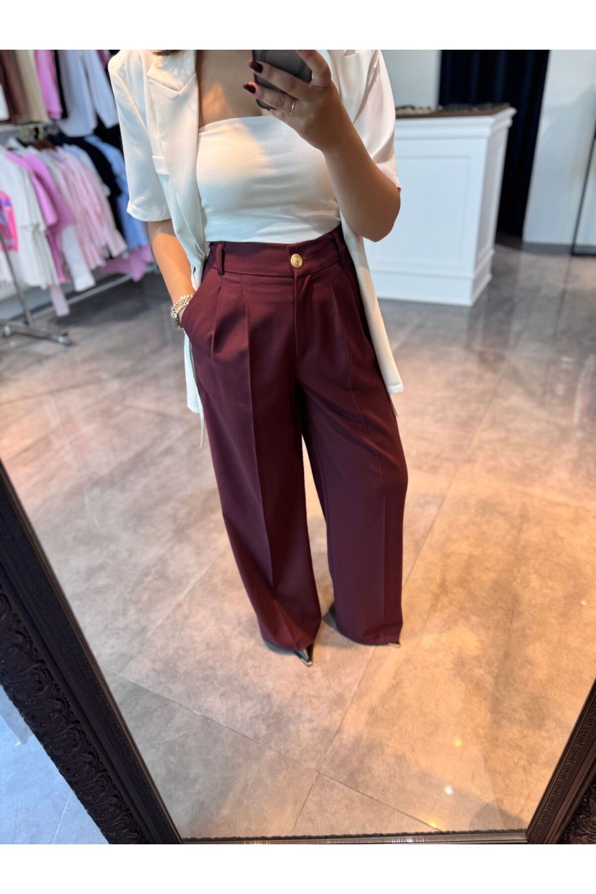 BÜŞRA PERKER Palazzo Pantolon Kumaş Bordo