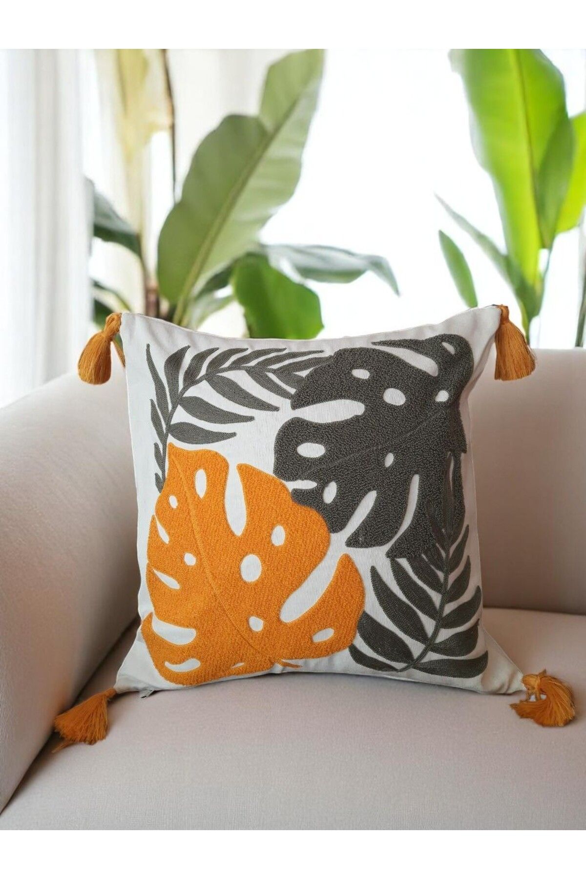 CheyİZ Home Punch Panç Kırlent Kılıfı 40x40 cm Tekli Püsküllü