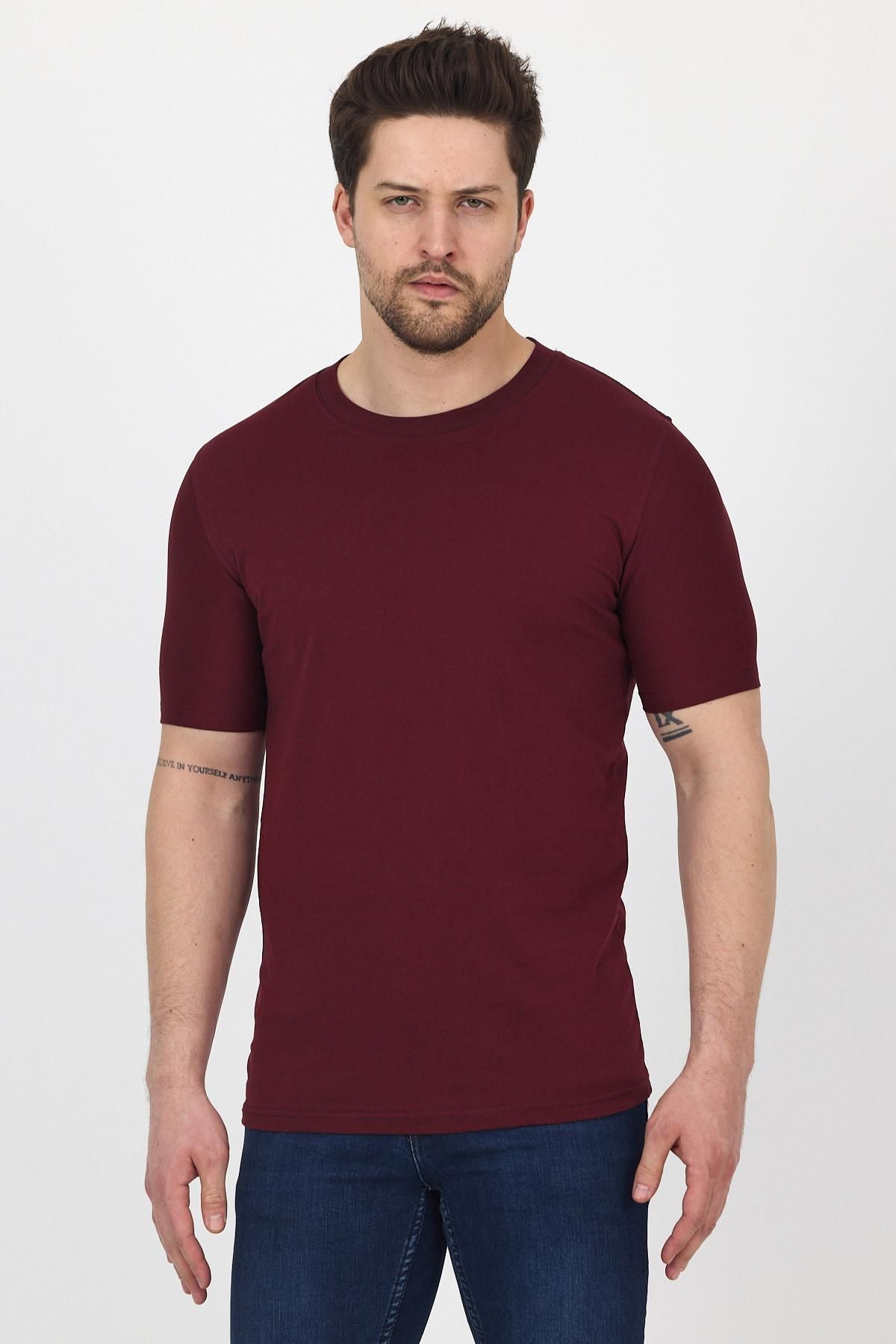 DAMGA JEANS Erkek Bisiklet Yaka Kısa Kollu Dar Yazlık Bordo Basic Tişört