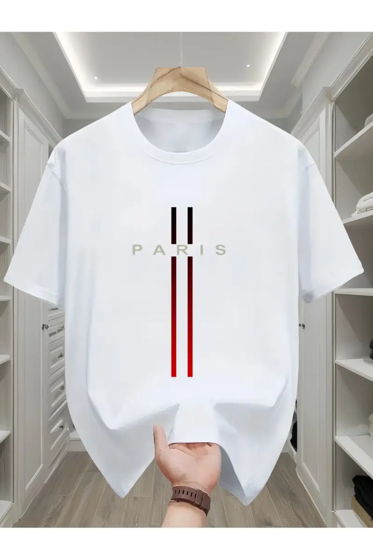 NEW TRENDY COLLECTİON Erkekler için %100 Pamuk Paris Bayrağı Harf Geometrik Baskılı Tişört