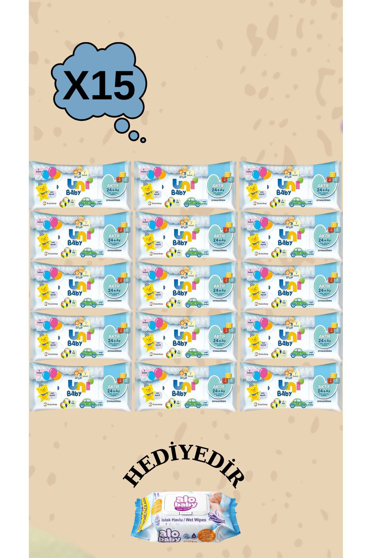 Uni Baby Bebek Islak Mendil Aktif 24+ Ay 780 Yaprak (15X52) Yapışkan Kapaklı