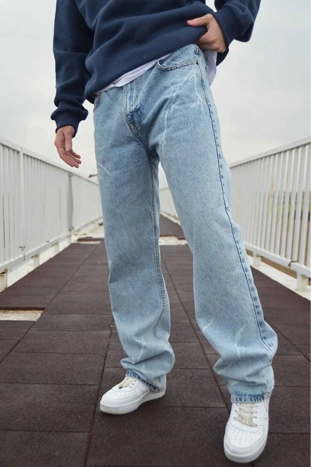 G Wear Buz Mavi Erkek Şimşek Desenli Baggy Pantalon