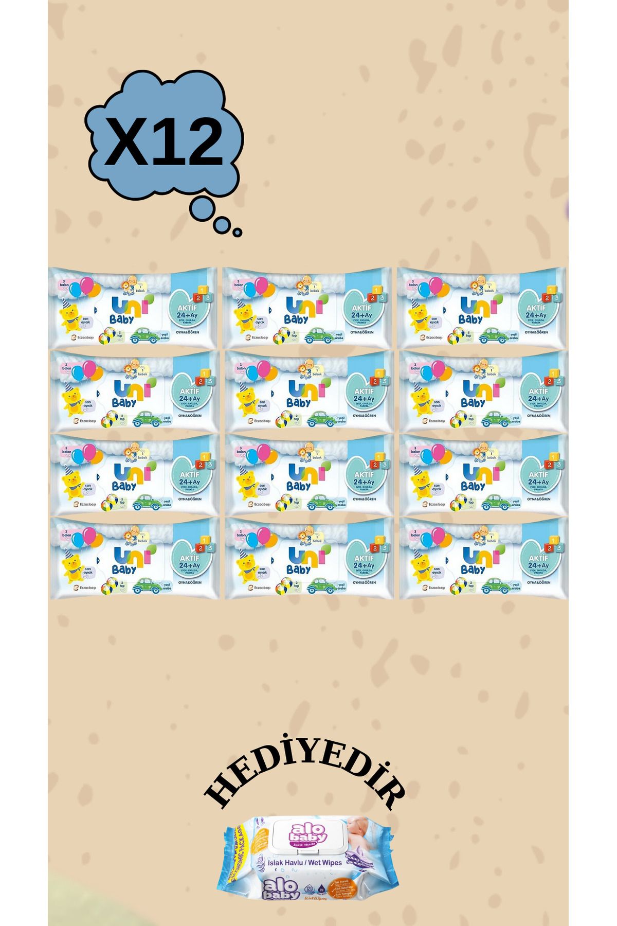 Uni Baby Bebek Islak Mendil Aktif 24+ Ay 624 Yaprak (12X52) Yapışkan Kapaklı
