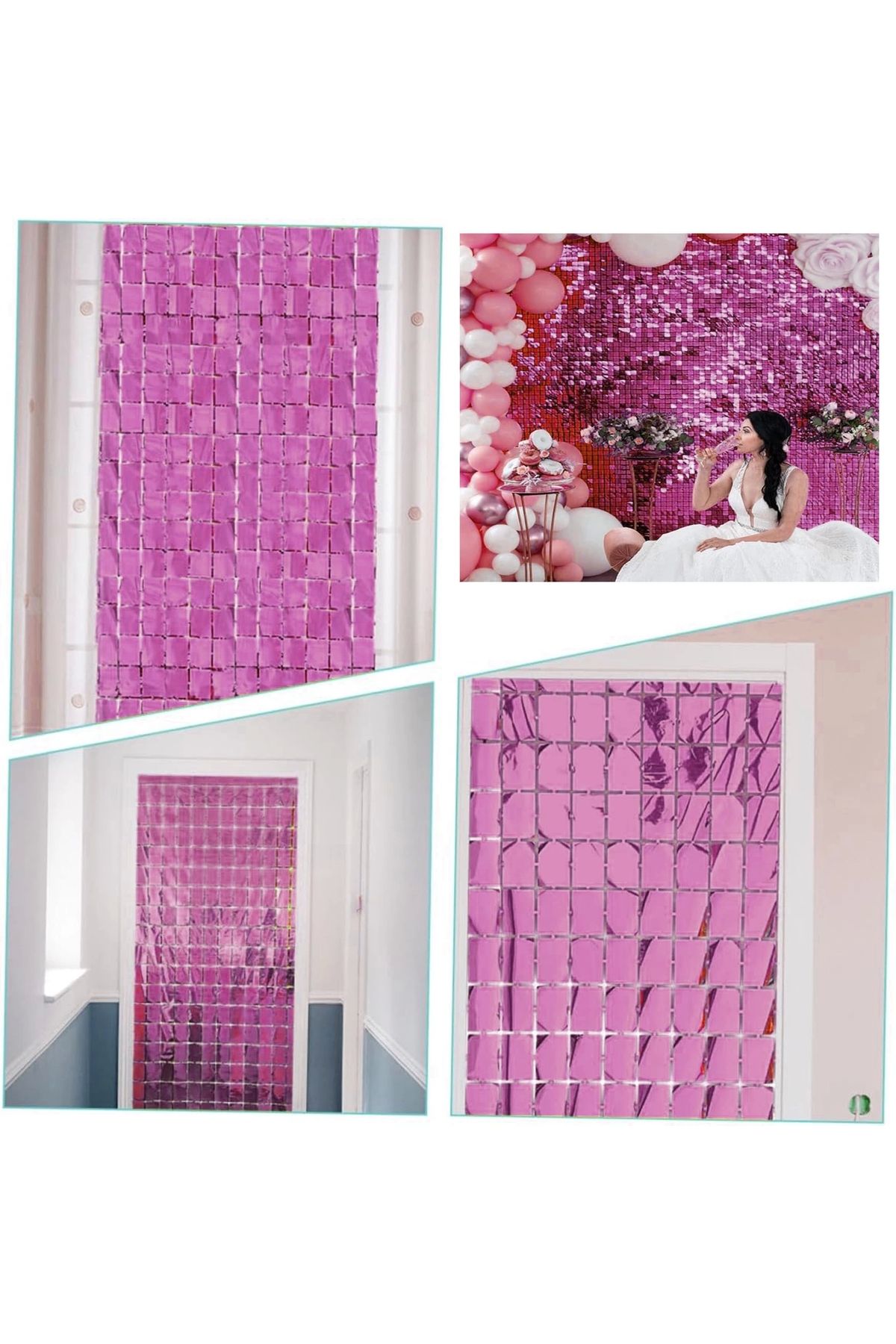 Nemere Ekstra Metalize Rose Gold Renk Disko Dikdörtgen Kesim Kapı Perdesi Dekorasyon 1x2 Metre