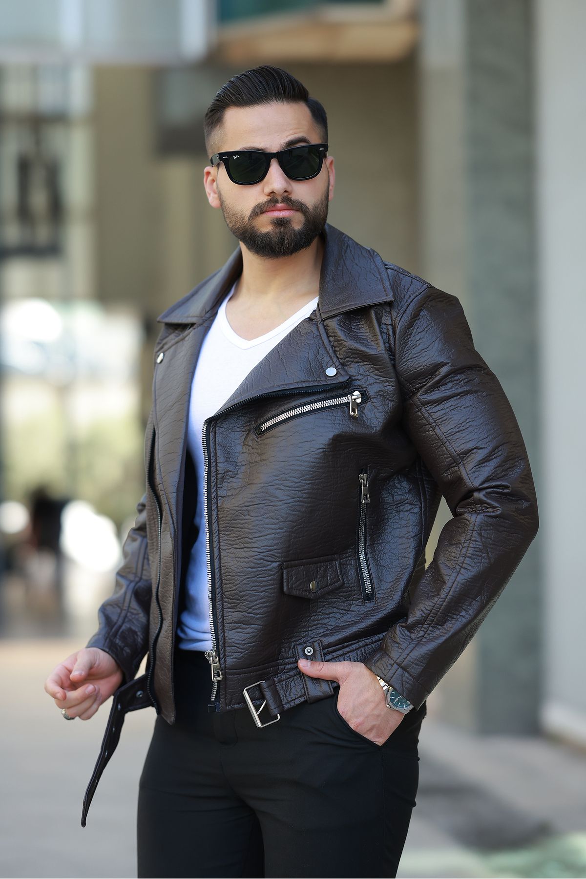 RHONES ERKEK KUZEY MODEL KEMERLİ BAHARLIK DERİ CEKET