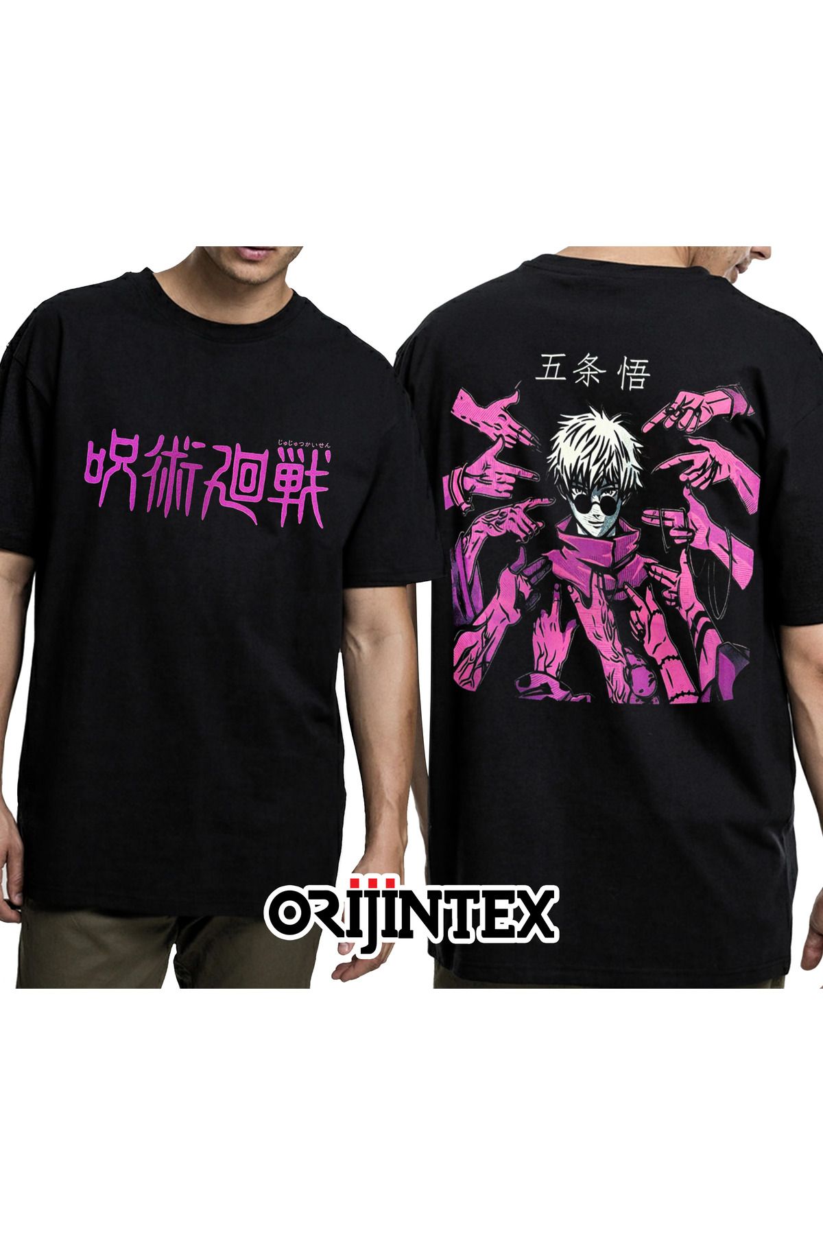 orijintex Jujutsu Kaisen Gojo Satoru Fingers Ön Arka Baskılı Unisex Siyah Tshirt