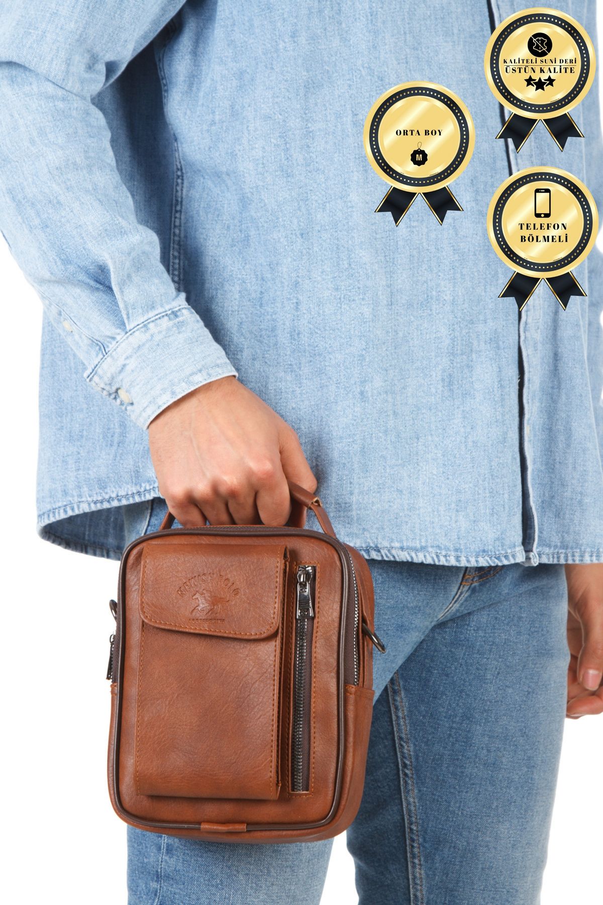 CERFF LEATHER CLUP Taba Kaliteli Suni Deri Telefon Bölmeli El & Omuz Çantası