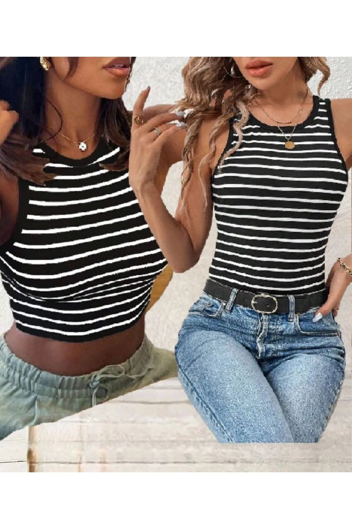 Stail Moda Kadın Çizgili 2li Model Fitilli Biskilet Yaka Kalın Askılı Esnekli Crop Top Atlet Spor Günlük Atlet