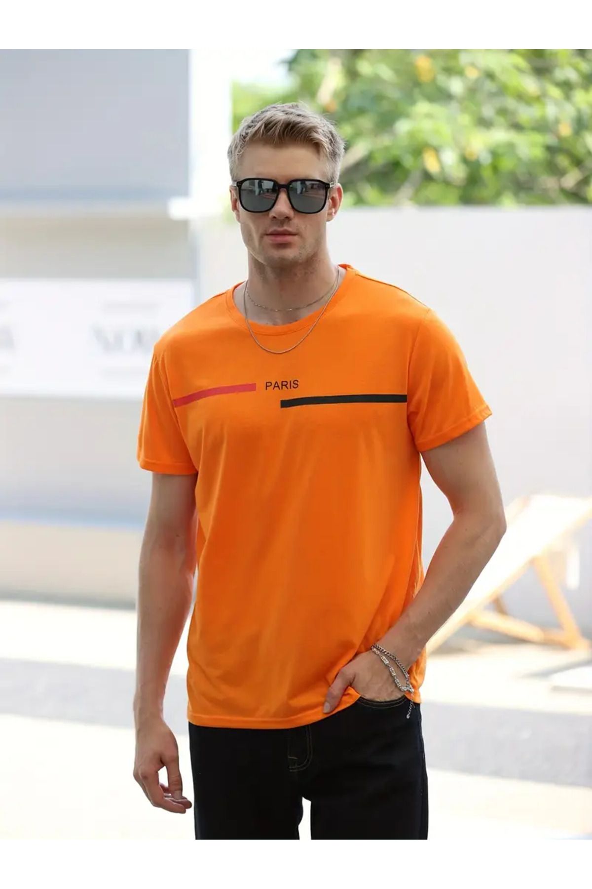 NEW TRENDY COLLECTİON Erkek Günlük Alfabe Harf Baskılı Bisiklet Yaka T-shirt