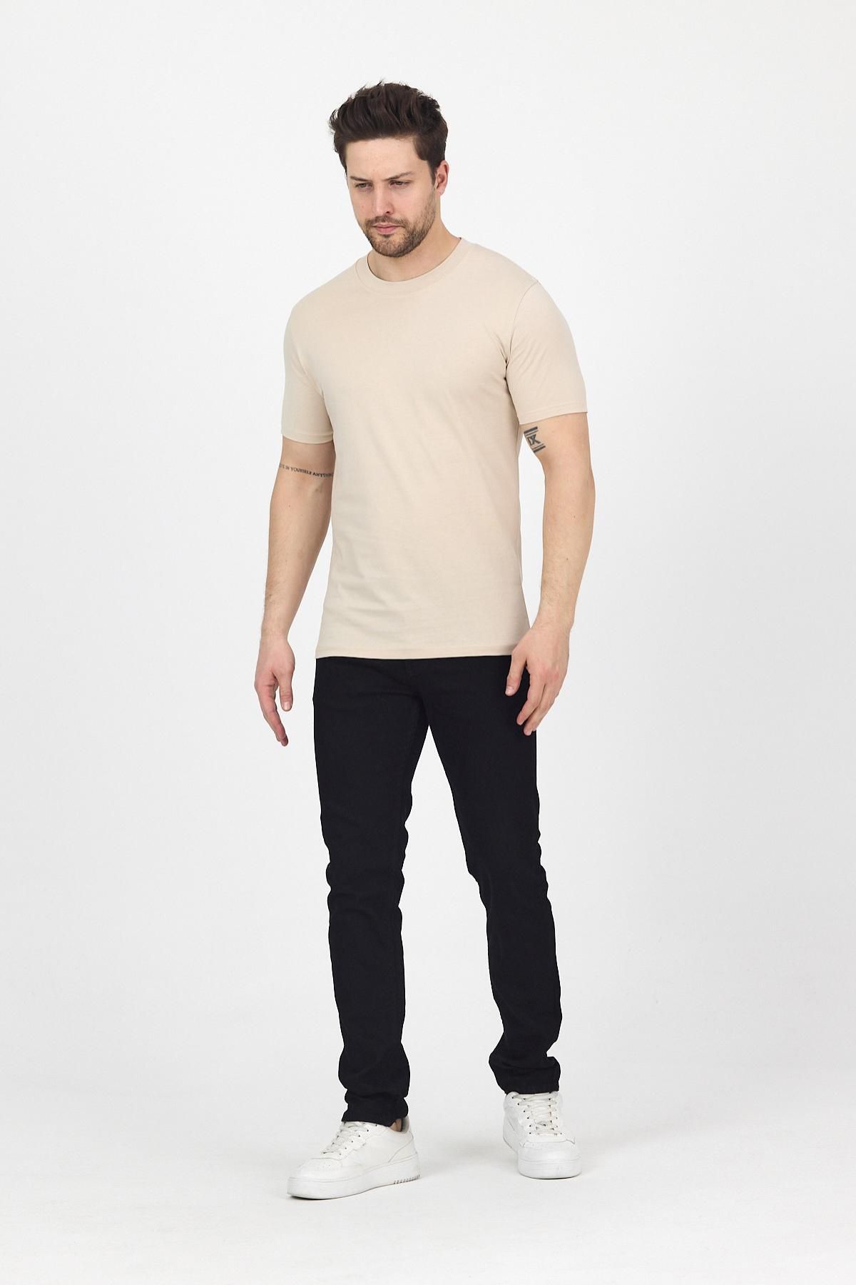 DAMGA JEANS Erkek Bisiklet Yaka Kısa Kollu Dar Yazlık Krem Basic Tişört