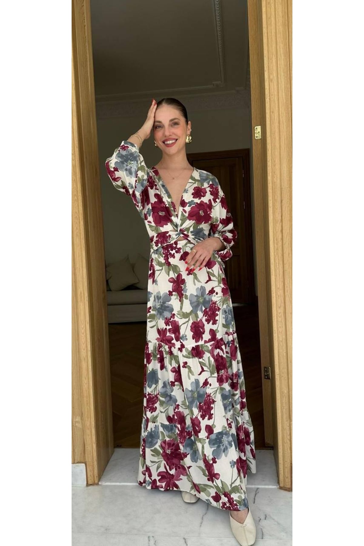 Hotfashion BELİ LASTİKLİ ÇİÇEKLİ ELBİSE MİNİH BORDO