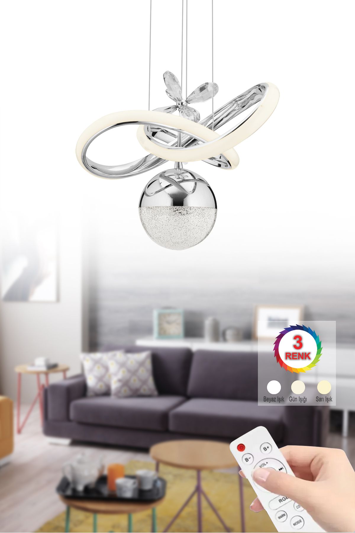 İstanbul Avize İstanbul Avize Begonvil Tekli Gümüş Kumandalı 3 Renkli Ledli Modern lüx Kristal Taşlı Led Avize