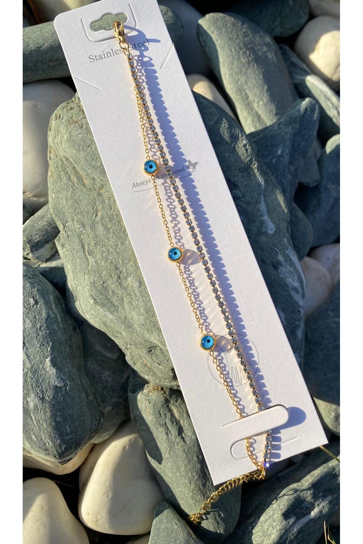 Purplefly Jewels Kadın Gold Renk Zirkon Taş ve Nazar Boncuklu 316L Kararmaz İkili Çelik Bileklik PRP-Ç357