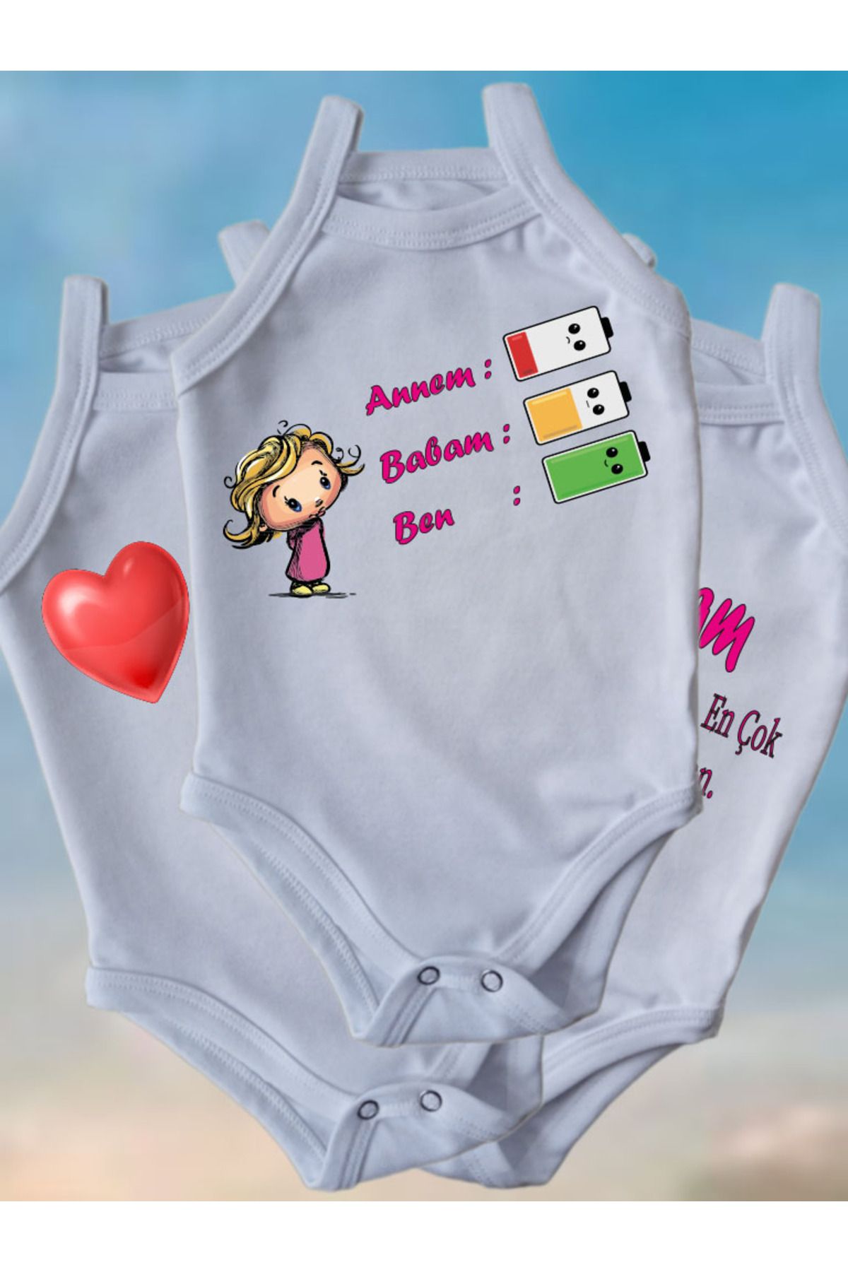 NSR tasarım 3'lü Anne Baba Seri Askılı Kız Bebek Body Zıbın