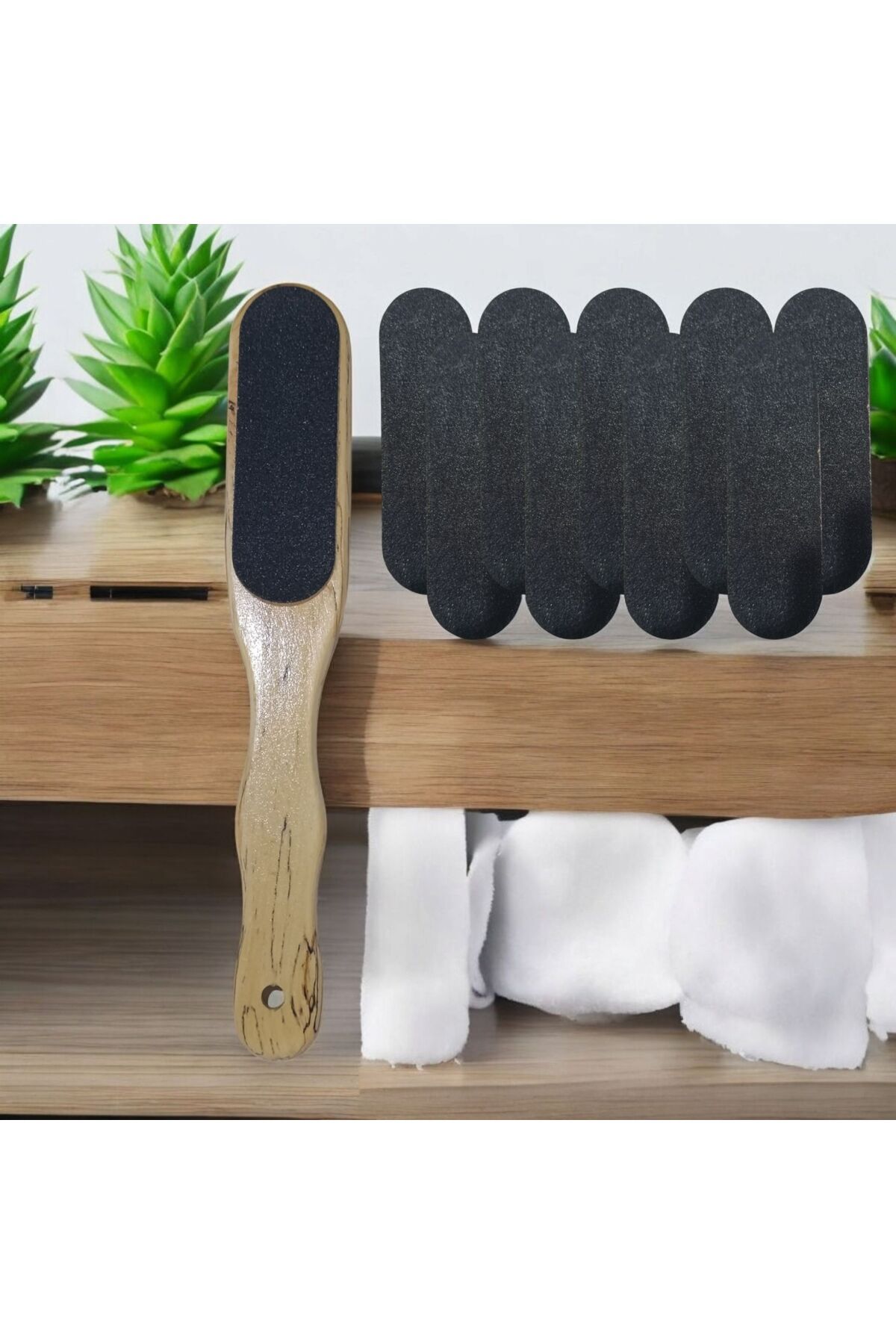 Vehomix Ahşap topuk ve pedikür spatulası 10 yedek törpü ile birlikte