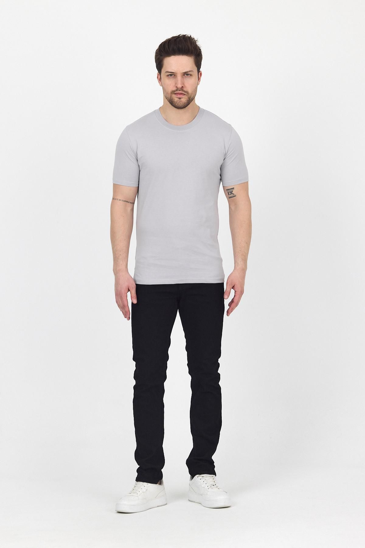DAMGA JEANS Erkek Bisiklet Yaka Kısa Kollu Dar Yazlık Gri Basic Tişört