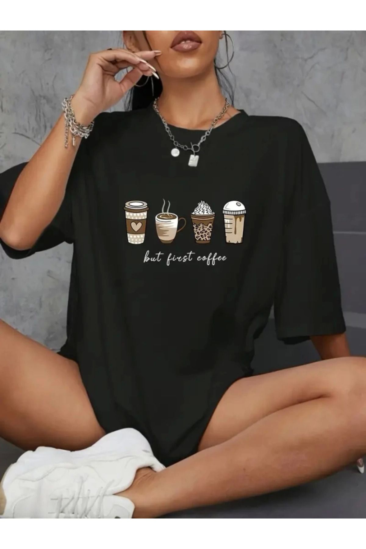 anizmir Baskılı Oversize Bisiklet Yaka T-shirt - Siyah