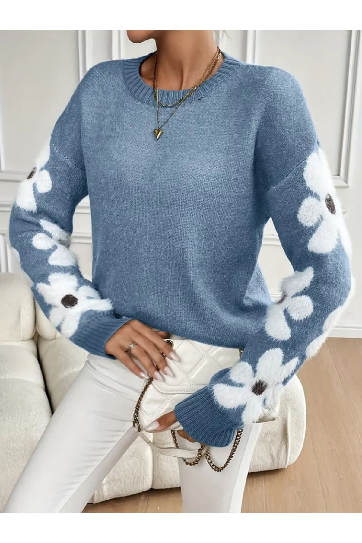 ARUZ MODA Kadın Uzun Kollu Bisiklet Yaka çiçek Desenli Triko Bluz