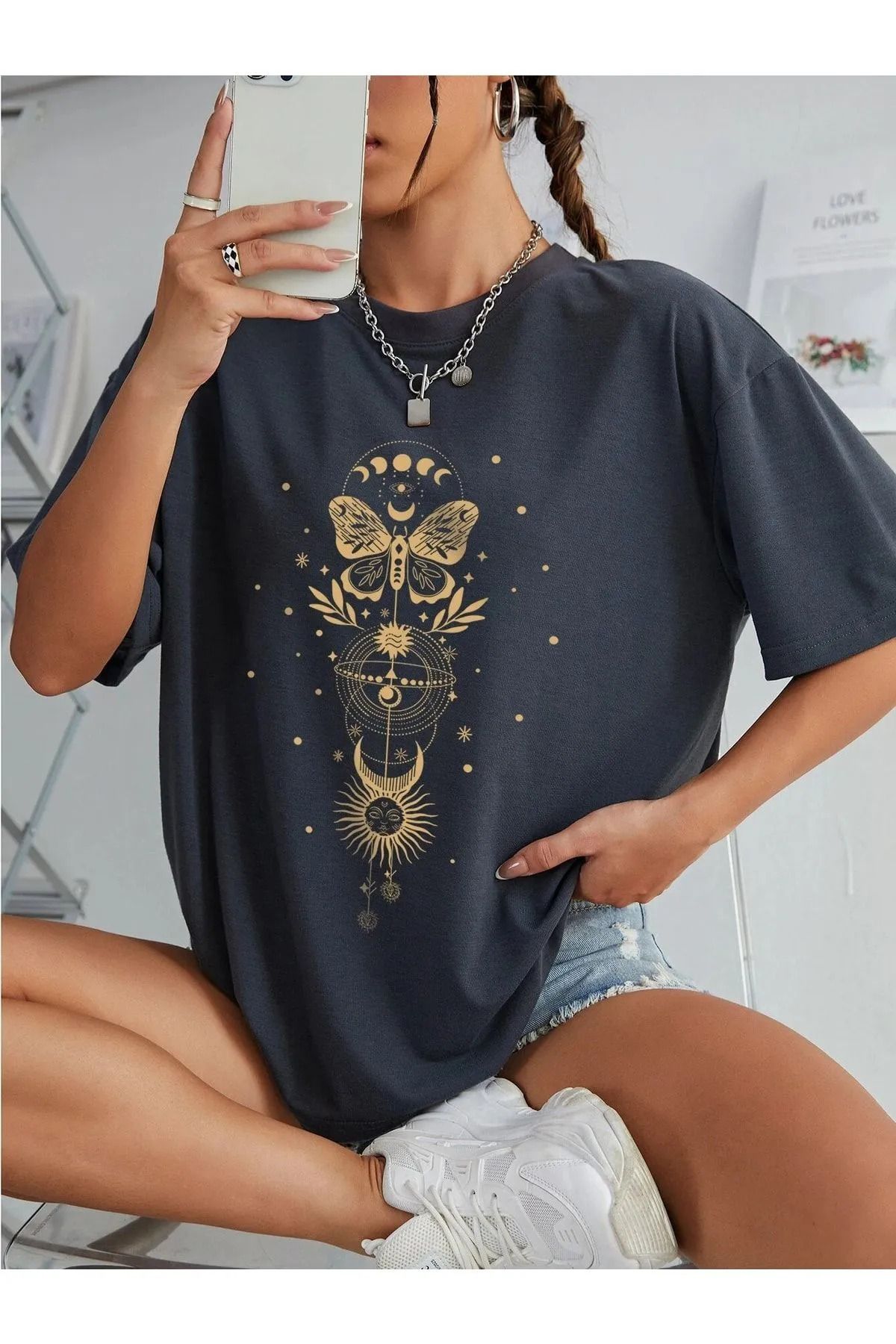 ROYAL FASHİON Aesthetic Butterfly T-shirt -füme, Baskılı, Bisiklet Yaka, Baskılı, Kısa Kol, Boyfriend, Bol